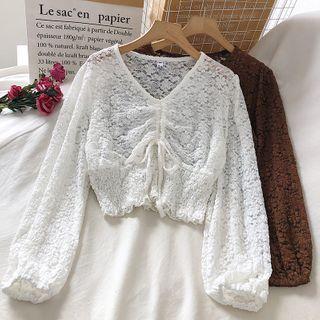 Long-sleeve Drawcord Lace Crop Top