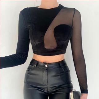 Mesh Velvet See Through Cutout Long Sleeve Cropped Top