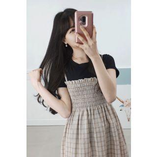 Petite Size Set: Smocked Plaid Midi Pinafore Dress + T-shirt