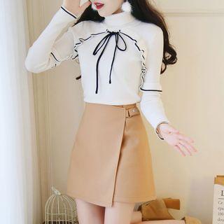 Set: Bow-accent Ruffled Knit Top + Layered Skirt