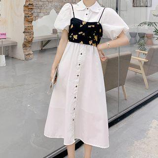 Set: Short-sleeve Shirt Dress + Floral Print Camisole Top