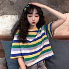 Short-sleeve Striped Cropped T-shirt Stripe - Blue - One Size
