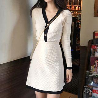 Set: Contrast Trim Long-sleeve Knit Top + A-line Knit Skirt