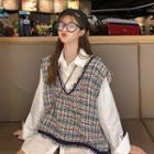 Tweed Loose-fit Vest + Plain Long-sleeve Shirt