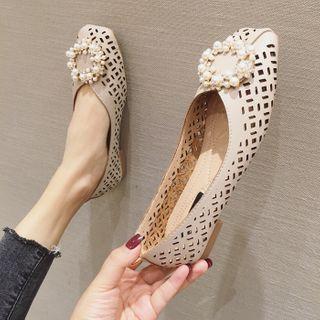 Rhinestone Buckle Square-toe Perforated Flats