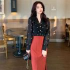 Plain Button Long-sleeve Shirt / High Waist Plain Split A-line Skirt