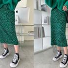 Slit-back Leopard Long Knit Pencil Skirt Green - One Size