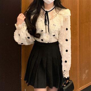 Tie-neck Dotted Lace Panel Blouse / Mini Pleated Skirt
