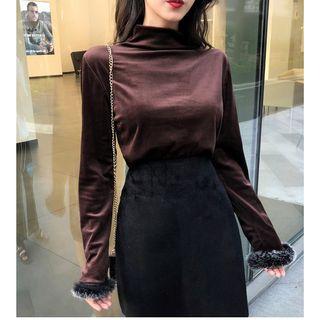 Mock Neck Furry-trim Long-sleeve Knit Top / Mini A-line Skirt