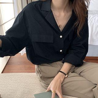 Long-sleeve Notch Lapel Plain Shirt