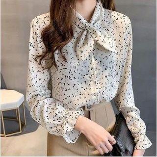 Long-sleeve Ribbon-neckline Floral Chiffon Shirt