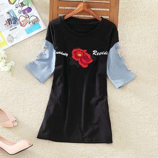 Rose Embroidered Color Block Short-sleeve T-shirt