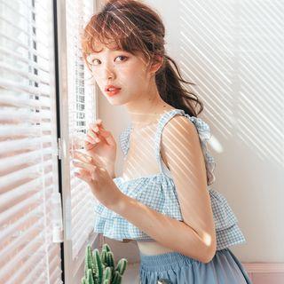 Set: Sleeveless Plaid Swim Top + Swim Skirt + Bottom