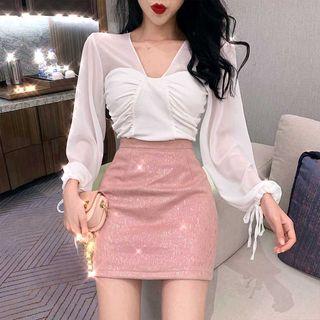 V-neck Blouse / Glitter A-line Skirt