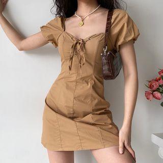 V-neck Lace-up Puff-sleeve Dress