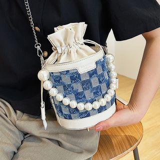 Denim Panel Faux Pearl Bucket Bag