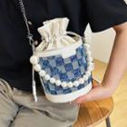 Denim Panel Faux Pearl Bucket Bag