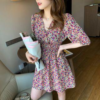 Floral Print V-neck Slim-fit Dress