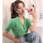 V-neck Short-sleeve Knit Top Green - One Size