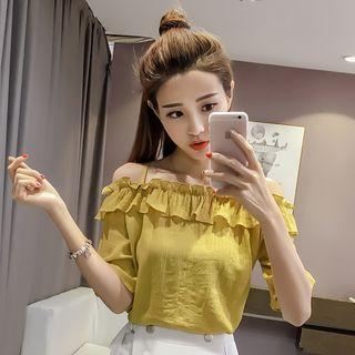 Plain Frill Trim Off Shoulder Elbow Sleeve Top