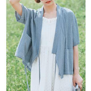 Short-sleeve Plaid Open Front Jacket