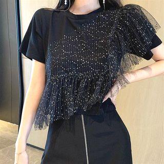 Short Sleeve Ruffle Mesh Top