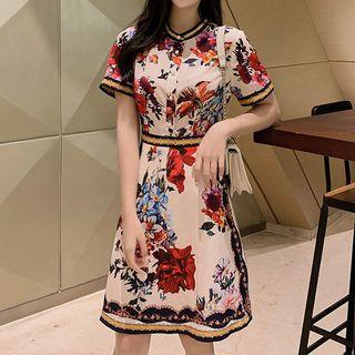 Short-sleeve Floral Print Short A-line Dress
