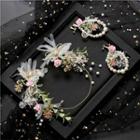 Wedding Set: Floral Headpiece + Dangle Earring 1 Pc - Headpiece / 1 Pair - Earrings - Pink & Green - One Size