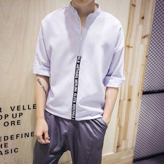 Split Neck Lettering Applique Long Sleeve T-shirt