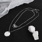 Set: Rhinestone Bow Pendant Necklace + Disc Pendant Necklace Silver - One Size