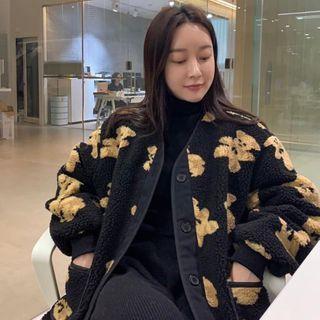 Single-breasted Bear Print Fleece Cropped Jacket