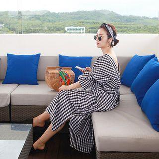 3/4-sleeve Knotted-back Gingham Long Dress