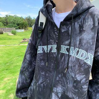 Lettering Print Tie-dye Zip Hoodie