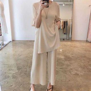 Set: Elbow-sleeve Plain T-shirt + Pants