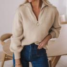 Plain Zipped Long-sleeve Ribbed Sweater