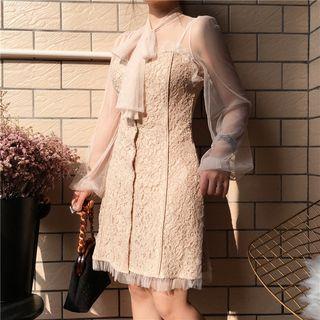 Sheer Panel Tie-neck Long-sleeve Lace Dress