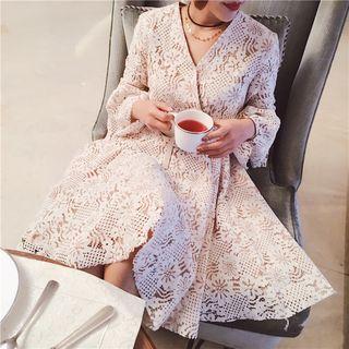 Lace V-neck Bell-sleeve A-line Dress