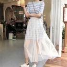 Striped Short-sleeve T-shirt Dress / Midi Mesh Skirt