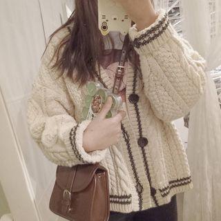 V-neck Single-breasted Cable-knit Cardigan Almond - One Size