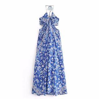 Halter-neck Floral Print Maxi A-line Dress