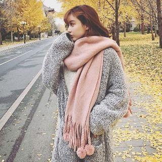 Braided Bobble Trim Woolen Scarf