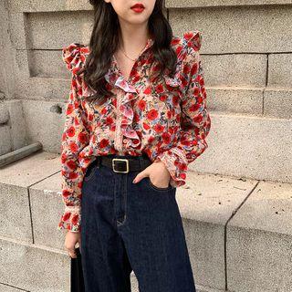 Frill Trim Floral Top As Shown In Figure - One Size