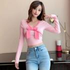 Bow V-neck Long-sleeve Cropped T-shirt