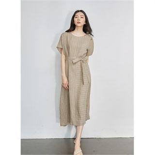 Stripe Linen Dress With Sash Beige - One Size