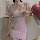 Mock Two-piece Puff-sleeve Cutout Ribbed Dress