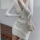 V-neck Knit Mini Bodycon Dress White - One Size