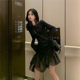 Asymmetric Long-sleeve Mesh Panel A-line Dress