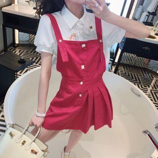 Asymmetric Wide Strap A-line Pinafore Dress / Unicorn Embroidered Short-sleeve Blouse