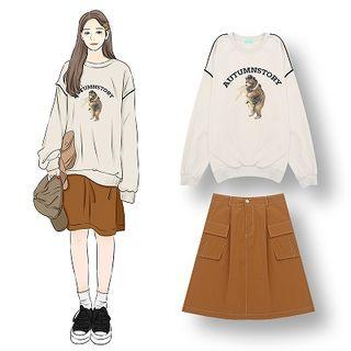 Bear Print Pullover / Pocket Detail A-line Skirt