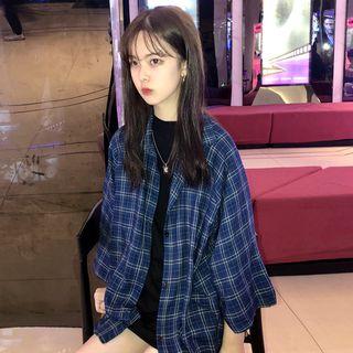 Plaid 3/4-sleeve Shirt Plaid - Blue - One Size